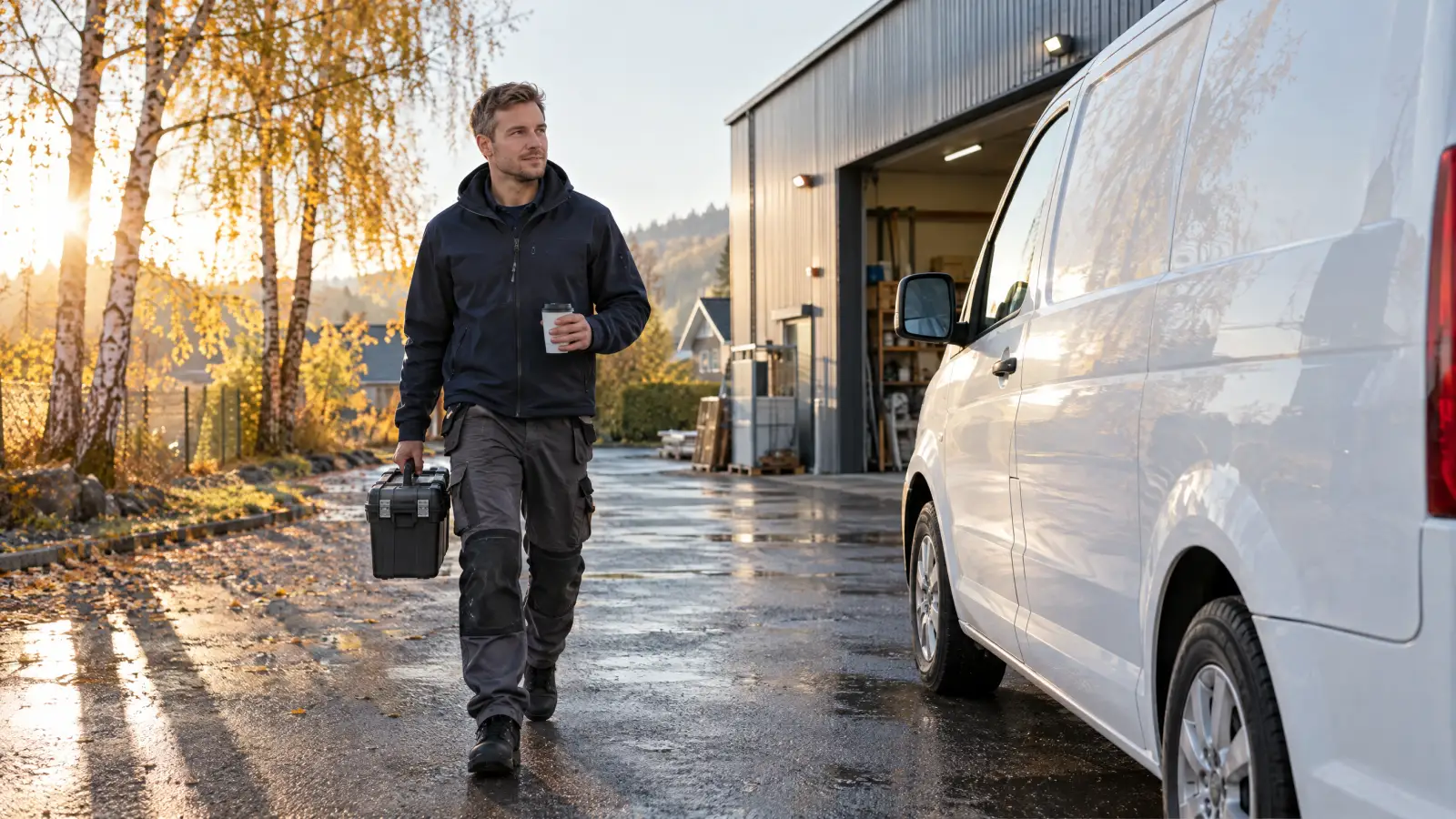 Montør på vei til bilen ved lageret en høstmorgen