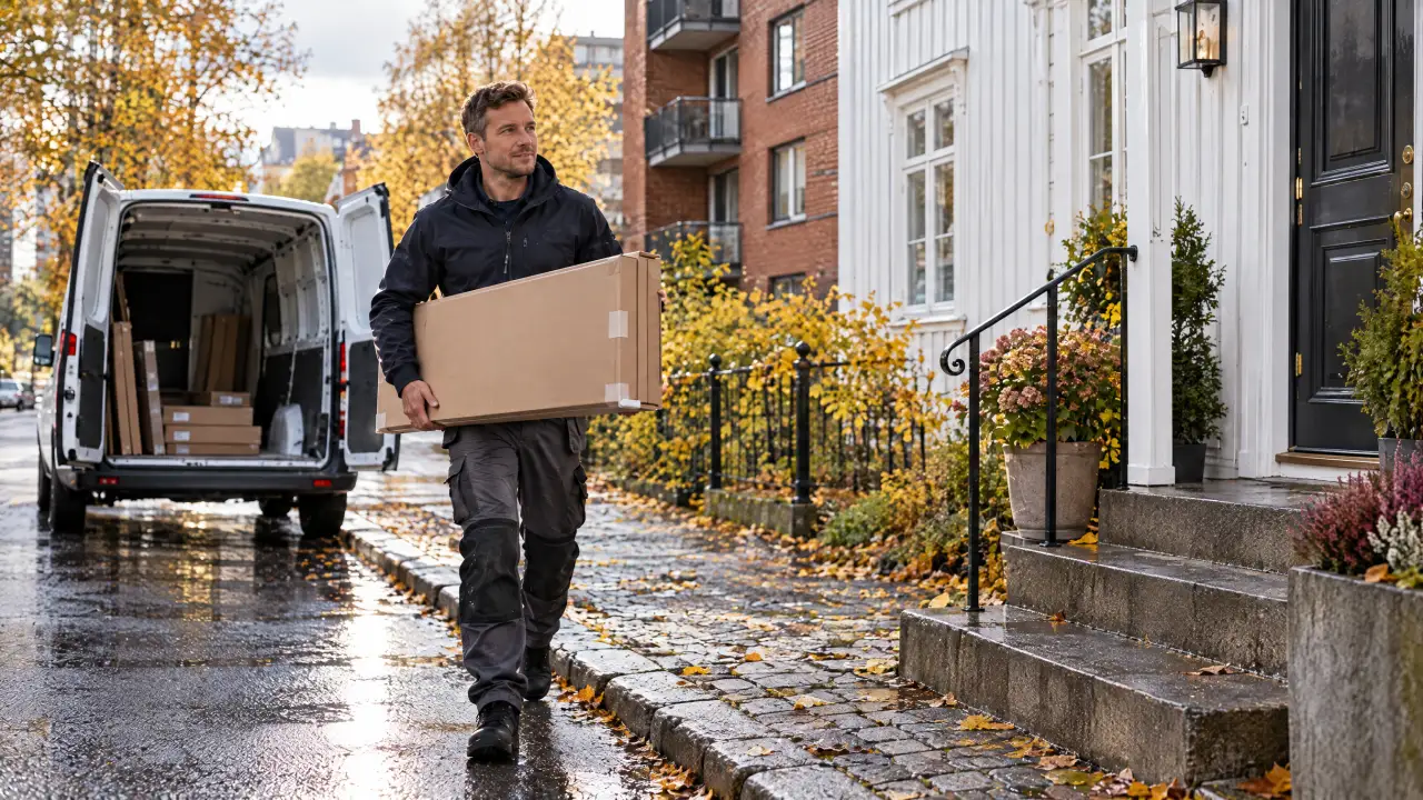 Montør bærer en eske med kjøkkenskap fra varebilen mot et hus